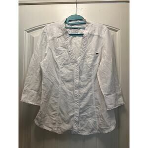 Guess Women’s 3/4 Sleeve Pinstripes V-Neck Button Front Top Blouse Size‎ L White
